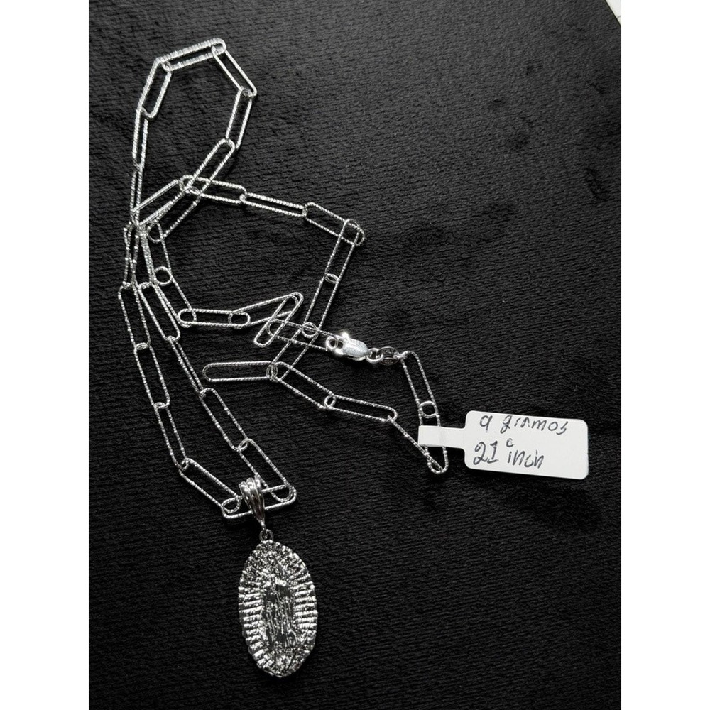 Virgin Mary Guadalupe Pendant Necklace Silver Tone Paperclip Chain 21 In - Picture 6 of 6